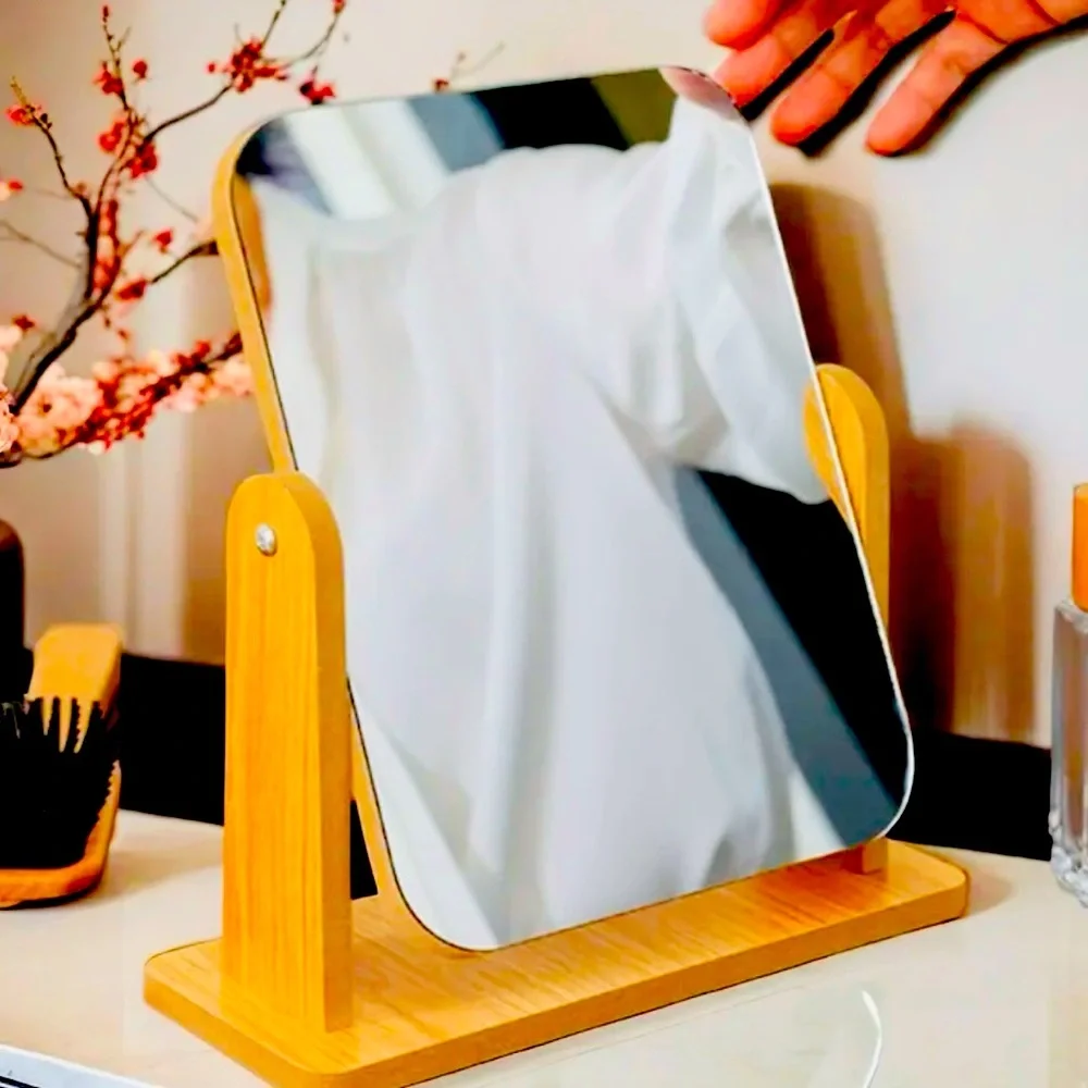 New - Rotatable HD Glass Makeup Mirror with Wooden Stand